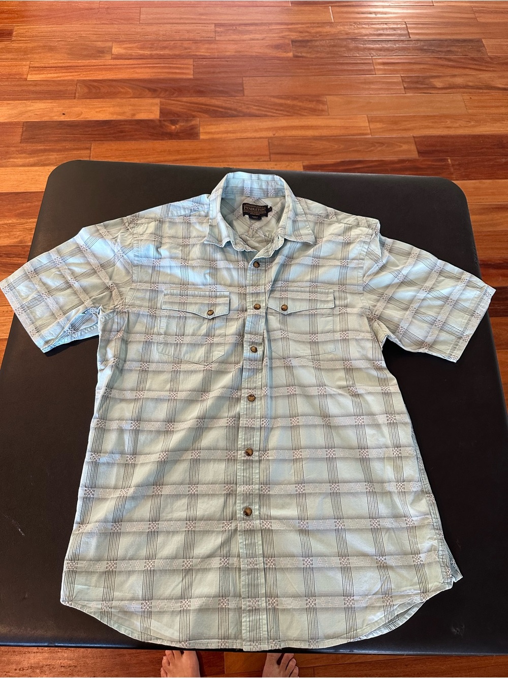 Pendleton Woolen Mills Men's Short Sleeve Plaid Button-Up Shirt - Light Green L
